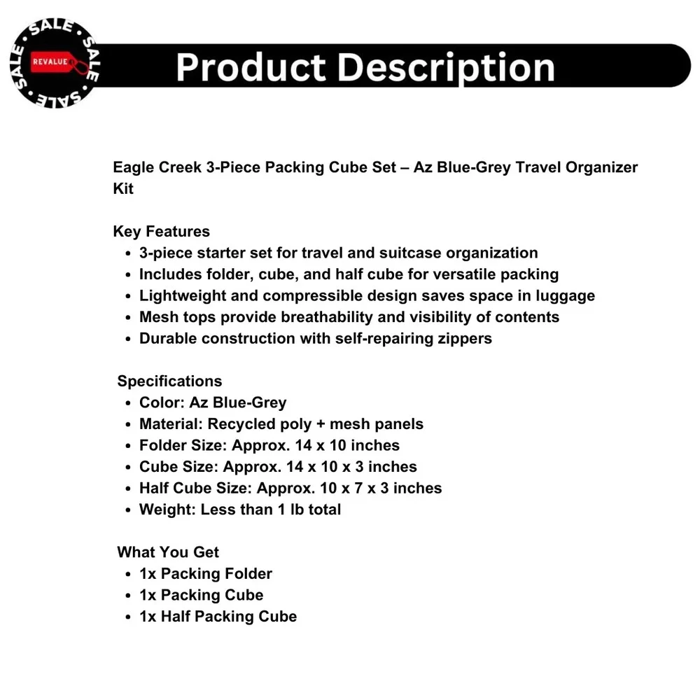 Eagle Creek 3-Piece Packing Cube Set – Az Blue-Grey Travel Organizer Kit - Picture 2 of 6